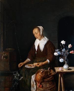 Gabriel Metsu - Woman Eating and Feeding her Cat