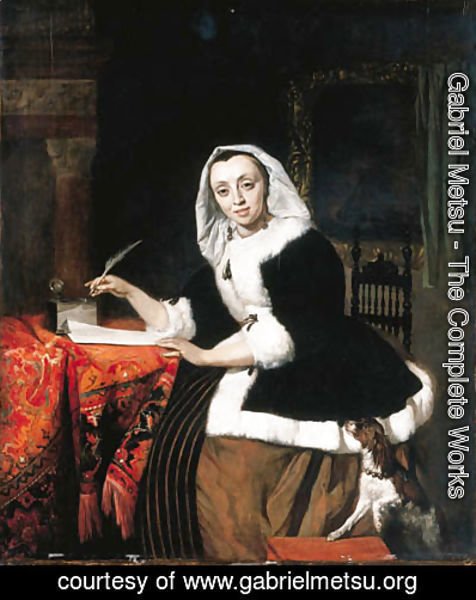 An elegant lady writing at her desk, with a dog beside her