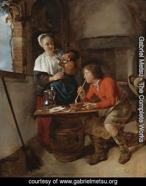 Young Woman Pouring Beer And A Young Man Smoking In An Interior