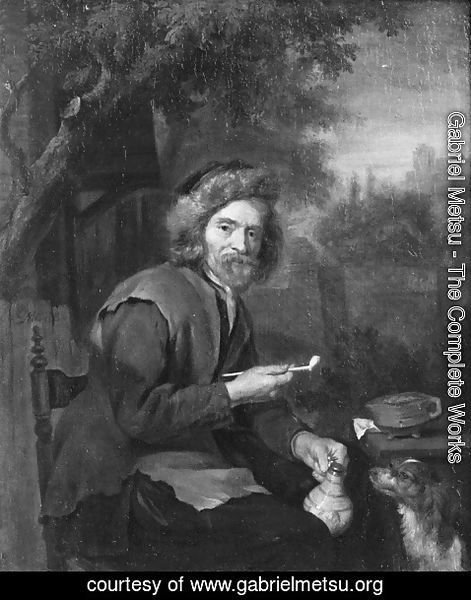 Gabriel Metsu - An Old Man Holding a Pipe and a jug