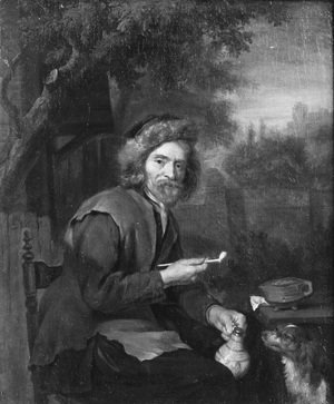An Old Man Holding a Pipe and a jug